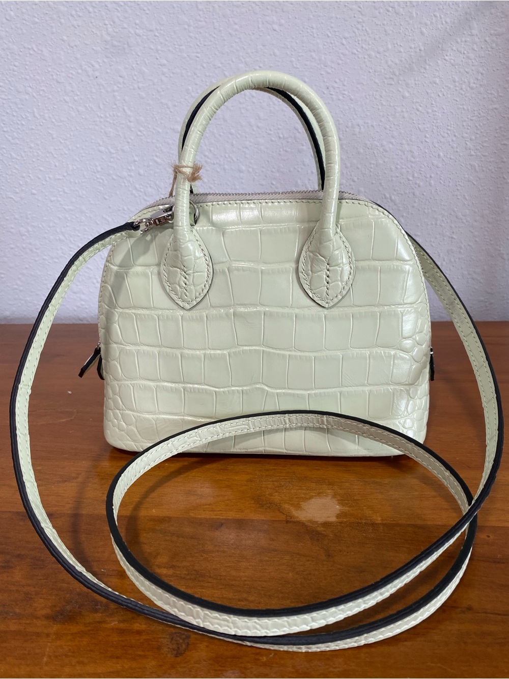 Light Green Croc-Embossed Dome Satchel Bag with Strap
